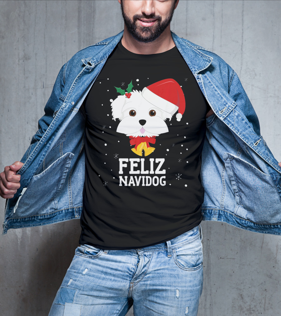 Feliz Navidog Christmas Maltese Dog With Santa Hat And Holly T-Shirt