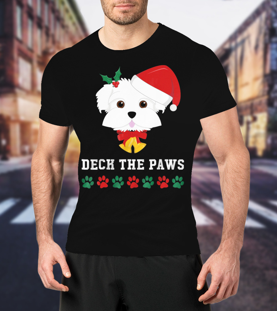Deck The Paws Christmas Dog Maltese Santa Hat Paw Prints T-Shirt