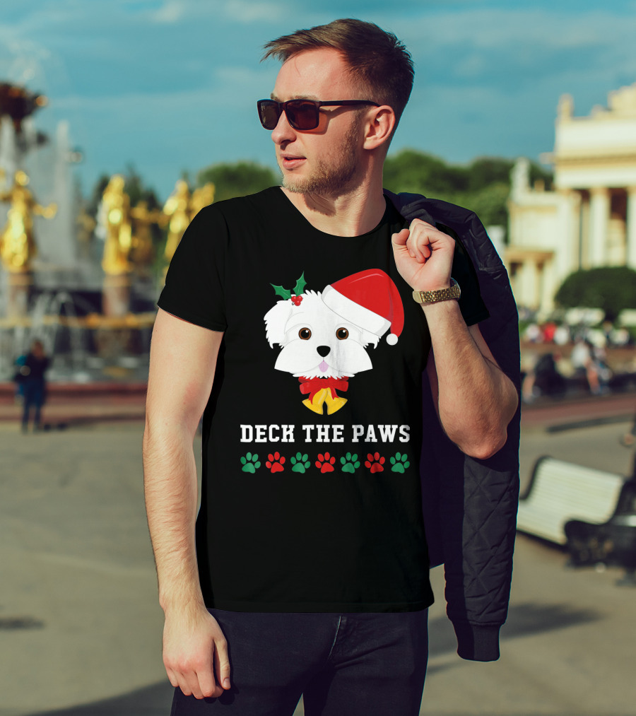 Deck The Paws Christmas Dog Maltese Santa Hat Paw Prints T-Shirt