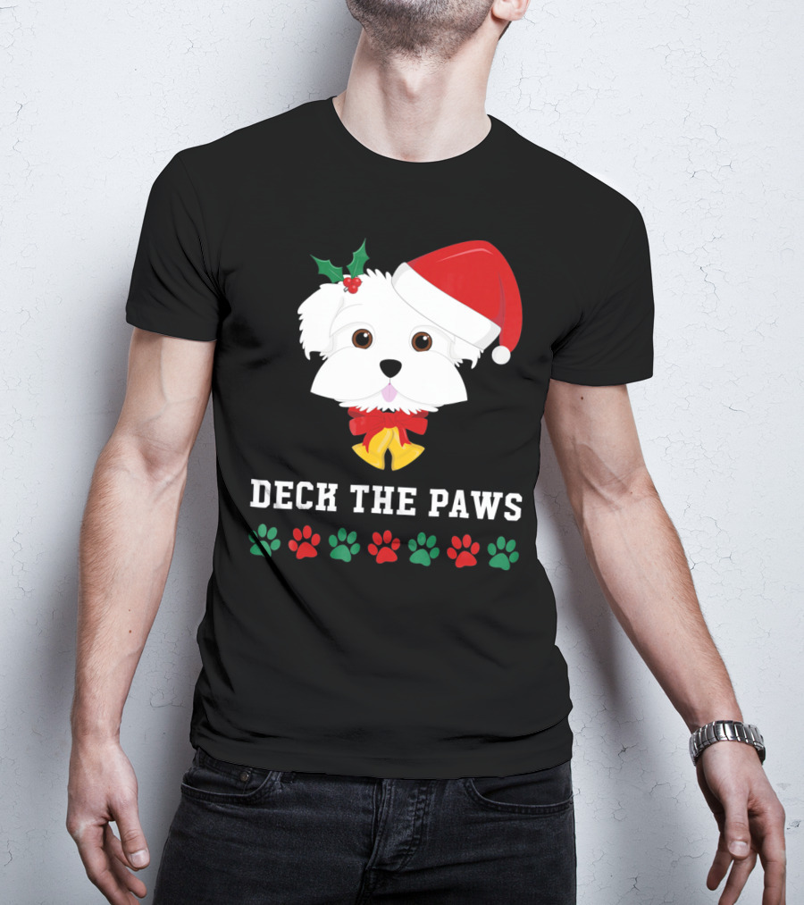 Deck The Paws Christmas Dog Maltese Santa Hat Paw Prints T-Shirt