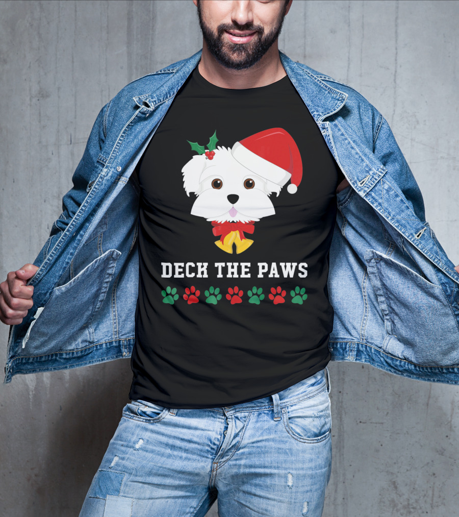 Deck The Paws Christmas Dog Maltese Santa Hat Paw Prints T-Shirt
