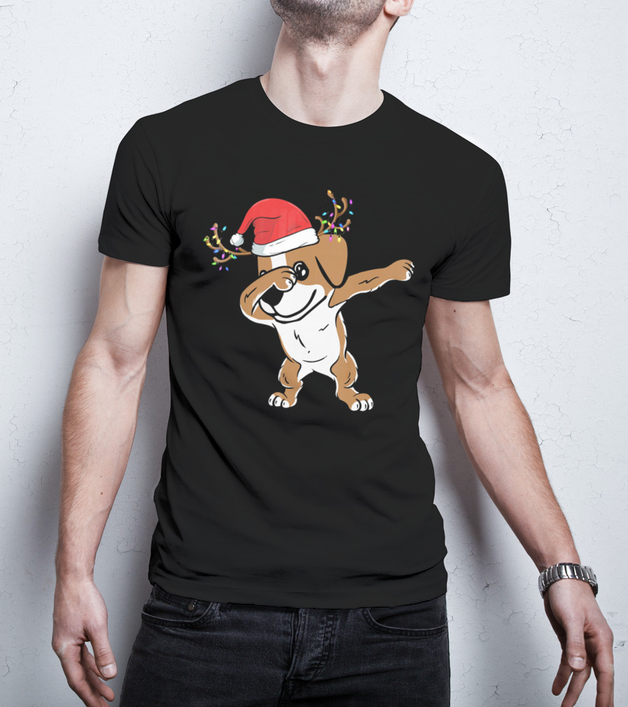 Christmas Jack Russell Terrier With Santa Hat And Reindeer Antlers Dabbing Dab T-Shirt