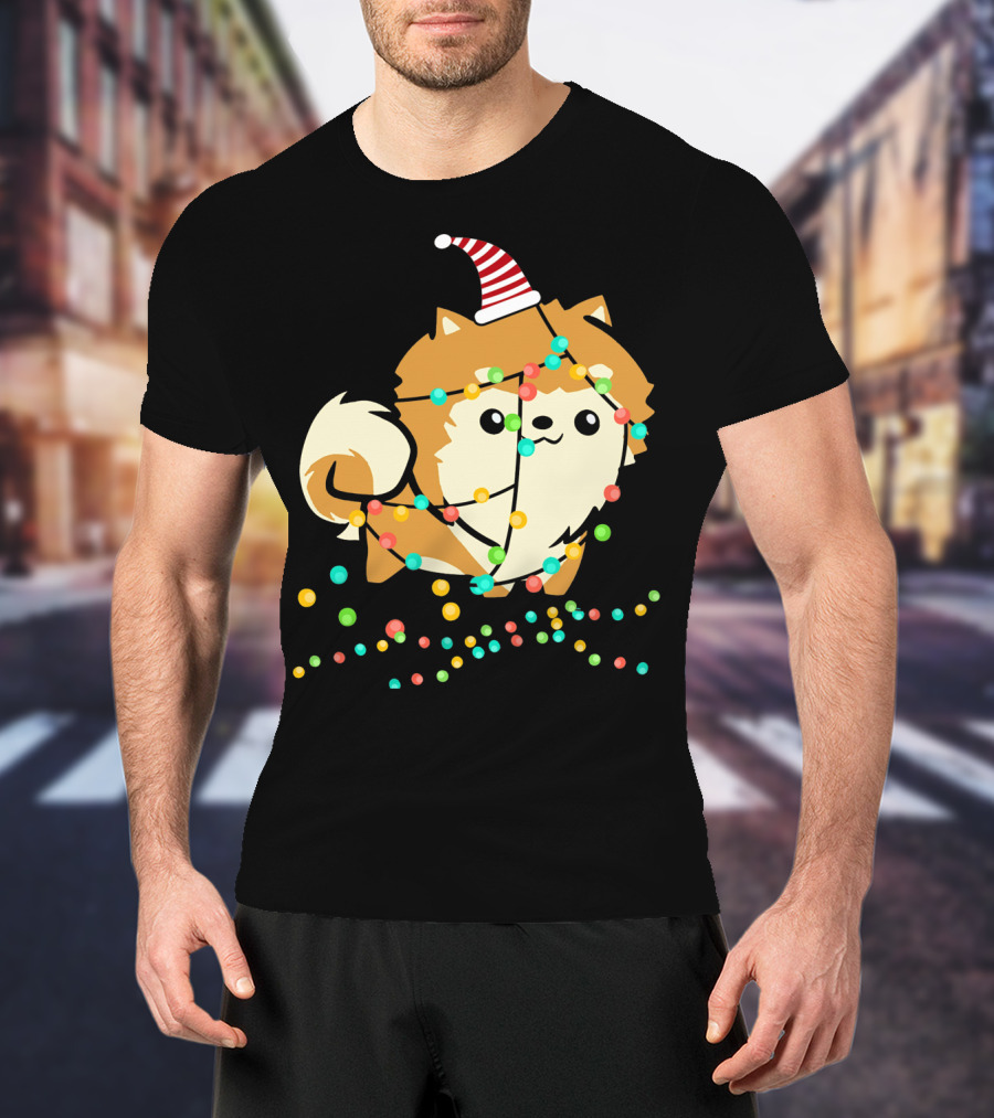 Christmas Lights Pomeranian Santa Hat T-Shirt