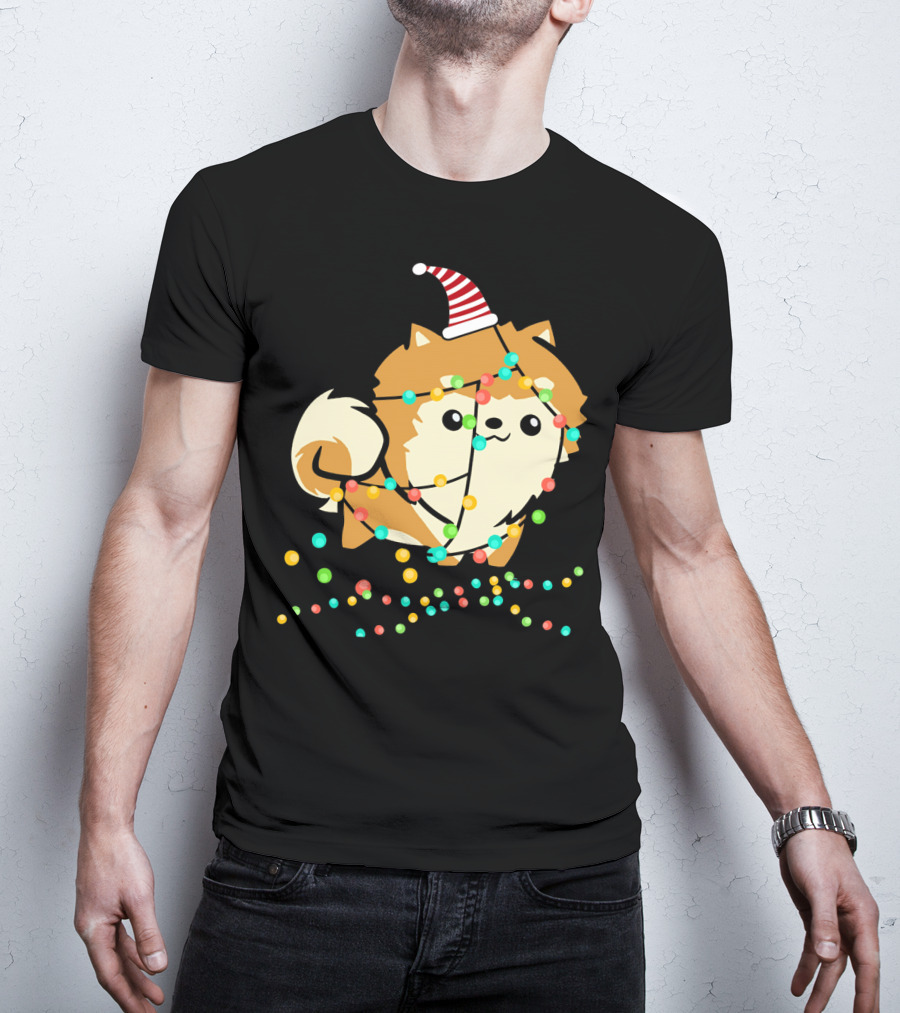 Christmas Lights Pomeranian Santa Hat T-Shirt