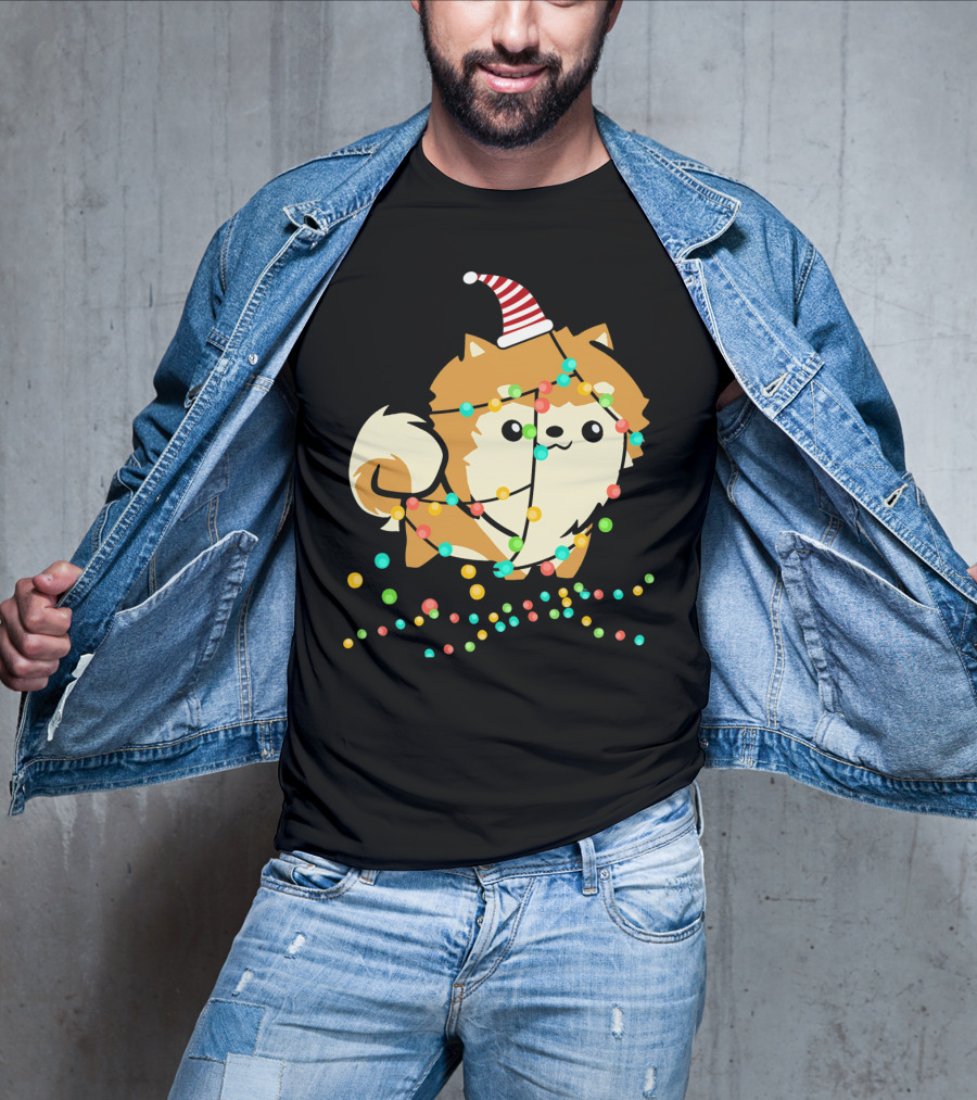 Christmas Lights Pomeranian Santa Hat T-Shirt