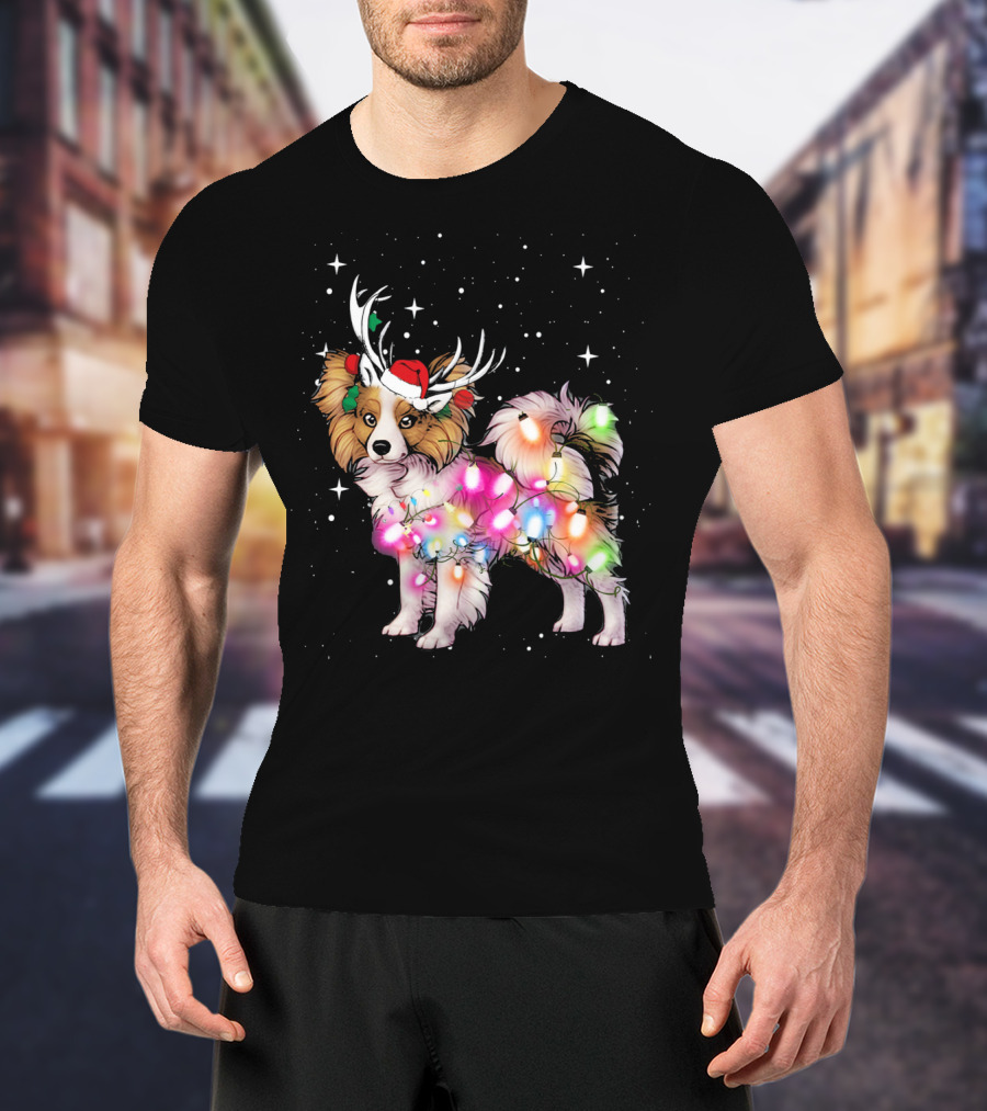 Papillon With Christmas Lights And Santa Antlers T-Shirt
