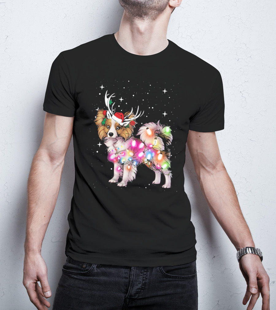 Papillon With Christmas Lights And Santa Antlers T-Shirt