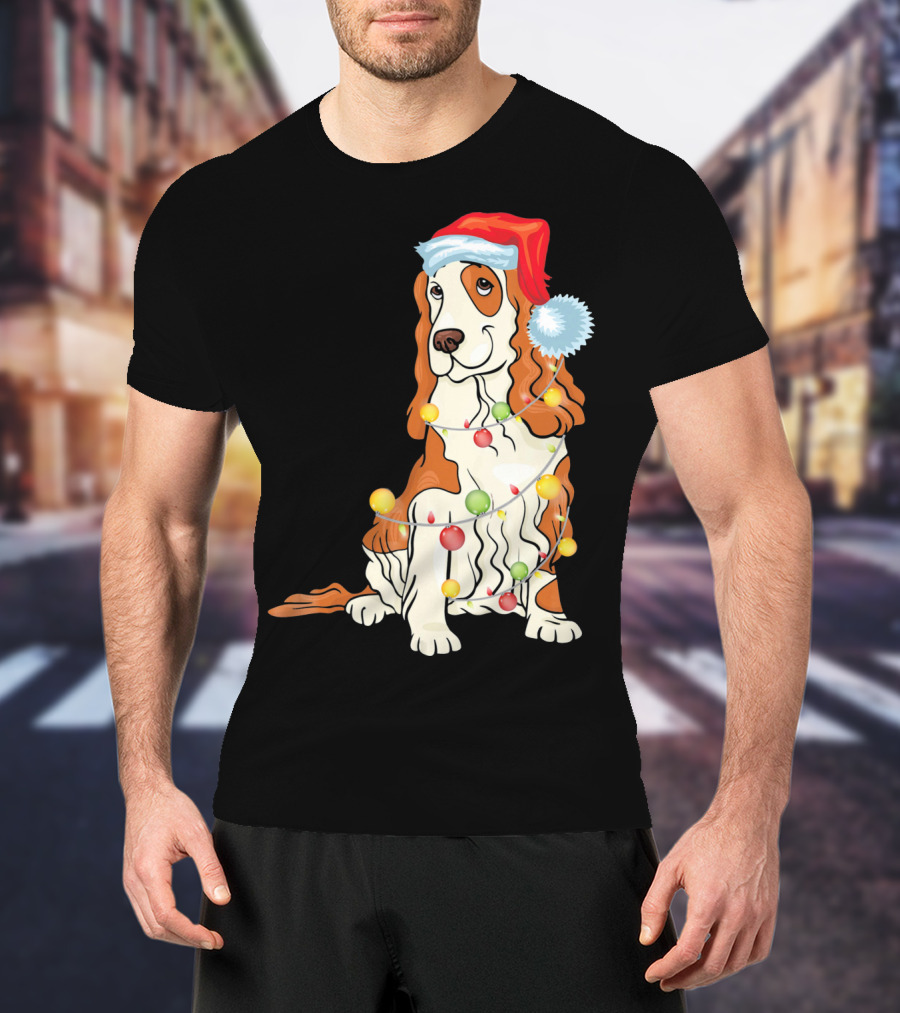 Cocker Spaniel Wearing Santa Hat With Colorful Christmas Lights T-Shirt