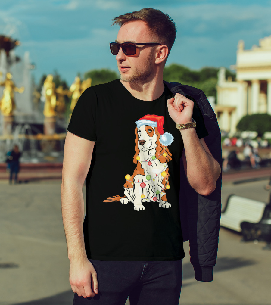 Cocker Spaniel Wearing Santa Hat With Colorful Christmas Lights T-Shirt