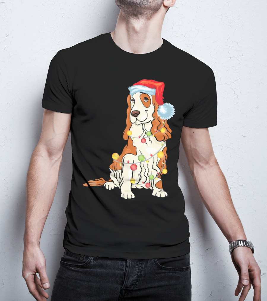 Cocker Spaniel Wearing Santa Hat With Colorful Christmas Lights T-Shirt