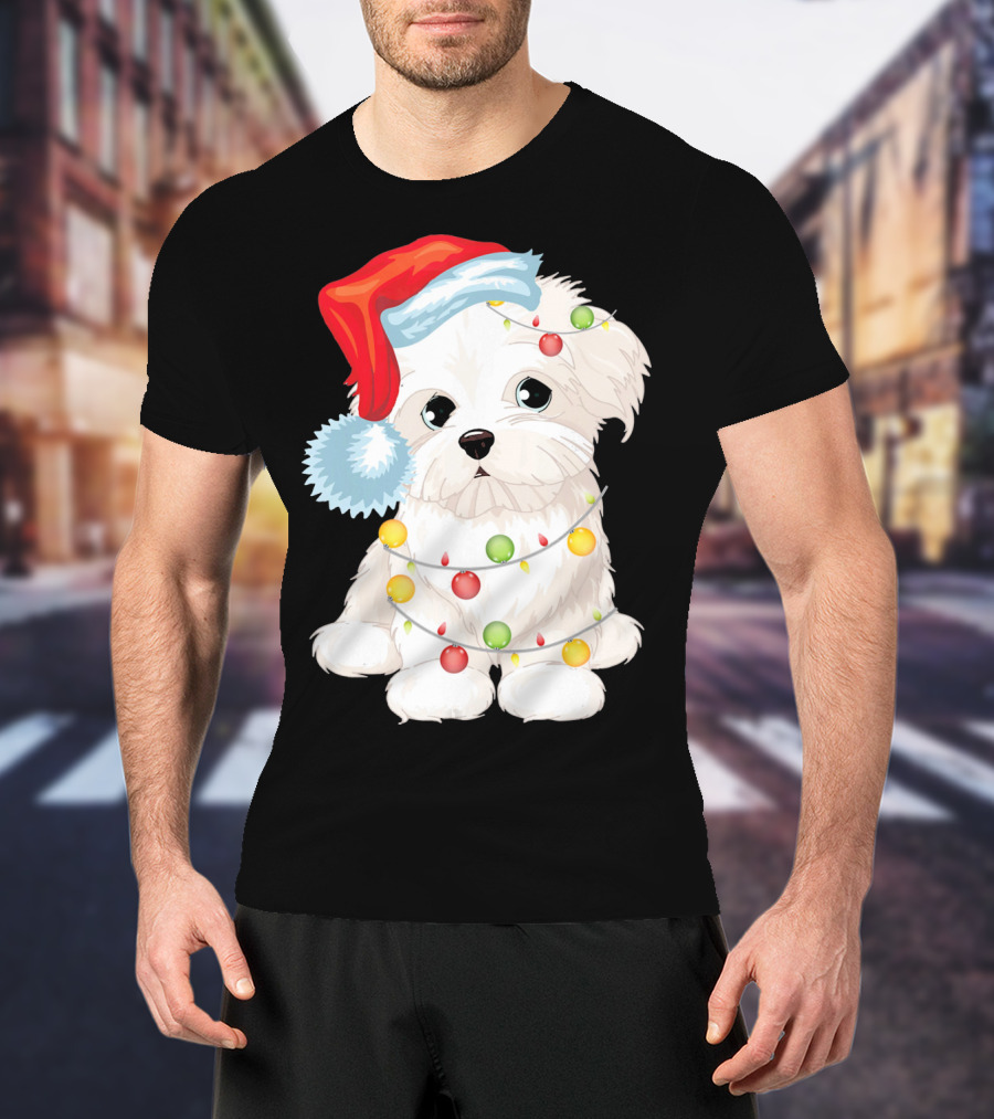 Santa Hat Maltese Dog Wrapped In Christmas Lights T-Shirt