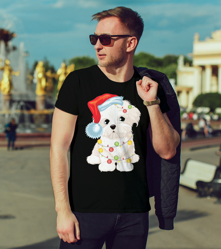 Santa Hat Maltese Dog Wrapped In Christmas Lights T-Shirt