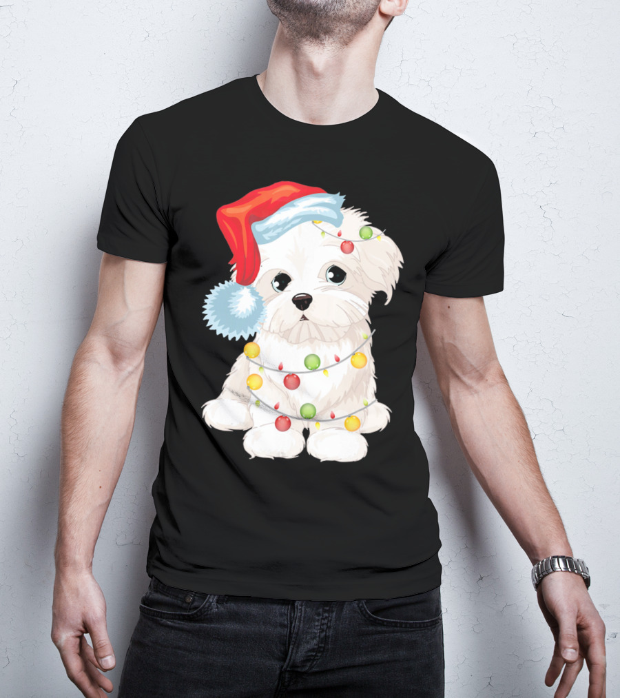 Santa Hat Maltese Dog Wrapped In Christmas Lights T-Shirt