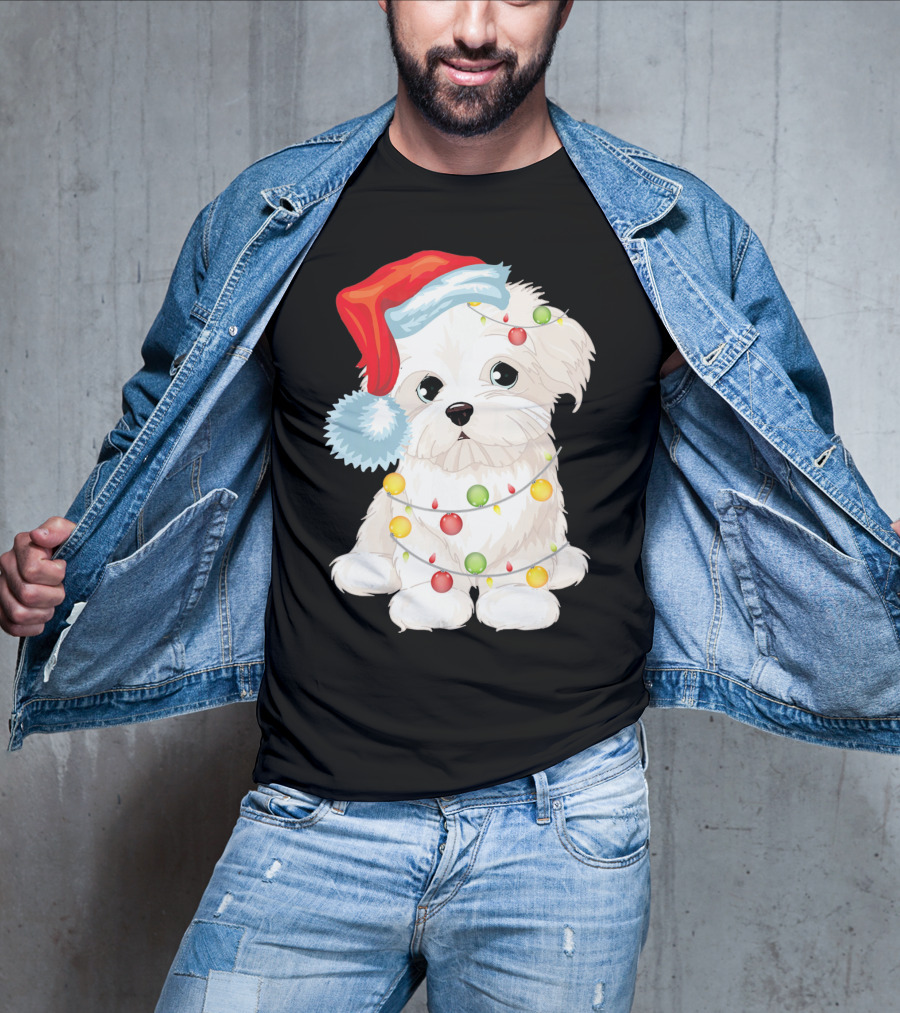 Santa Hat Maltese Dog Wrapped In Christmas Lights T-Shirt