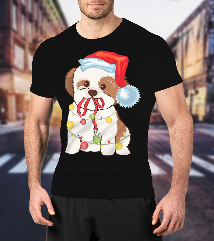 Christmas Lights Shih Tzu With Santa Hat And Festive Ornaments T-Shirt