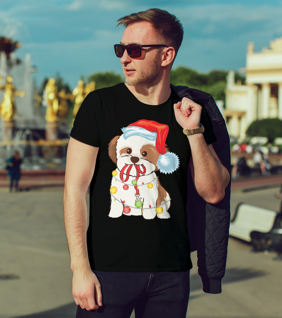 Christmas Lights Shih Tzu With Santa Hat And Festive Ornaments T-Shirt