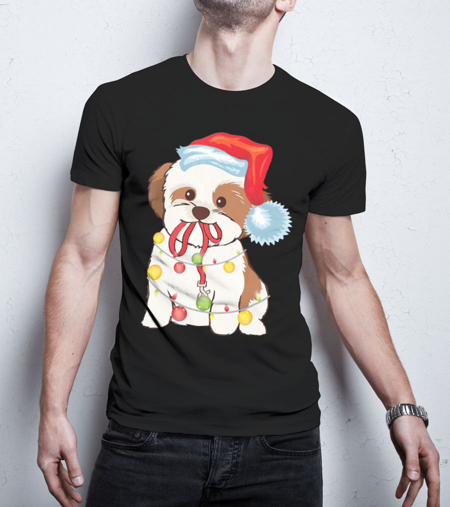 Christmas Lights Shih Tzu With Santa Hat And Festive Ornaments T-Shirt