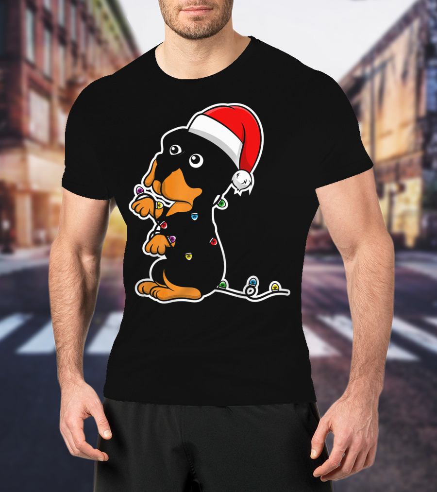 Christmas Rottweiler Puppy Santa Hat Lights T-Shirt