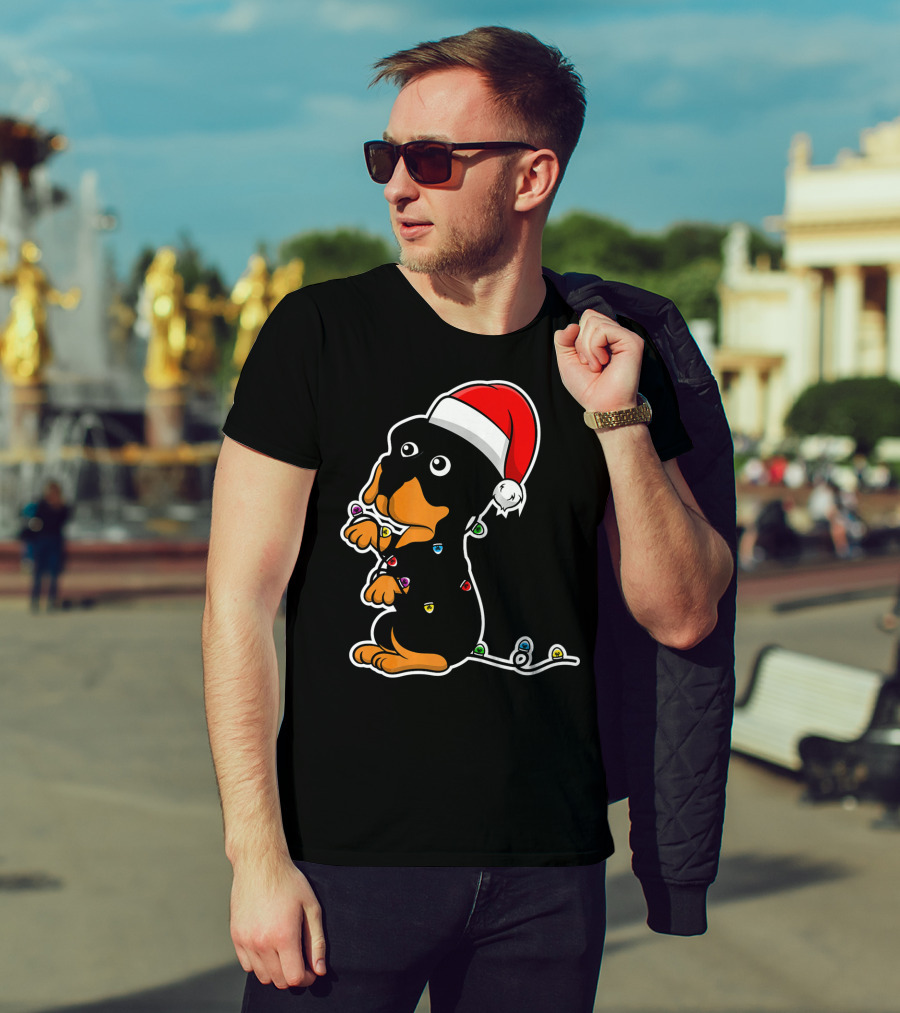 Christmas Rottweiler Puppy Santa Hat Lights T-Shirt