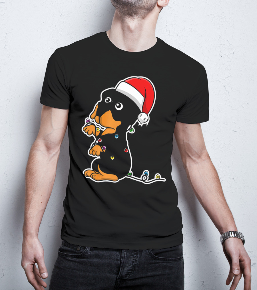 Christmas Rottweiler Puppy Santa Hat Lights T-Shirt