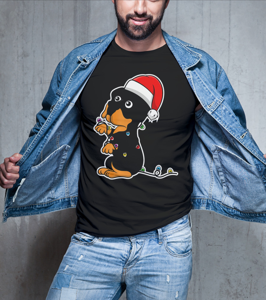Christmas Rottweiler Puppy Santa Hat Lights T-Shirt