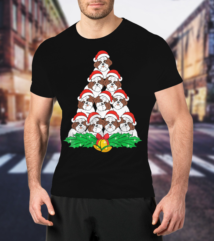 Christmas Shih Tzu Santa Hats Tree With Holly And Bells T-Shirt