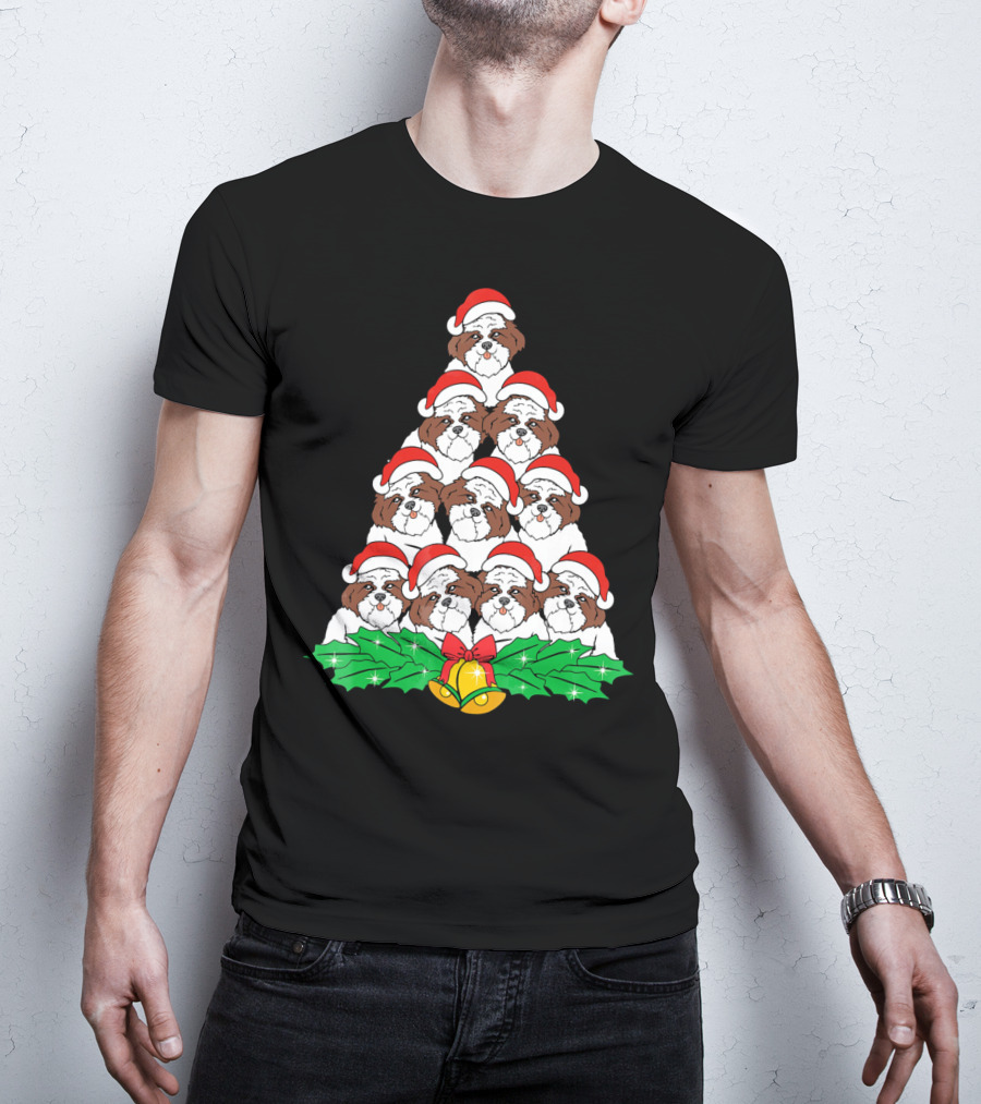 Christmas Shih Tzu Santa Hats Tree With Holly And Bells T-Shirt