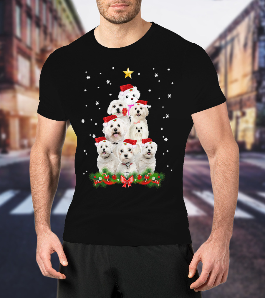 Maltese Dogs Christmas Tree With Santa Hats And Star T-Shirt