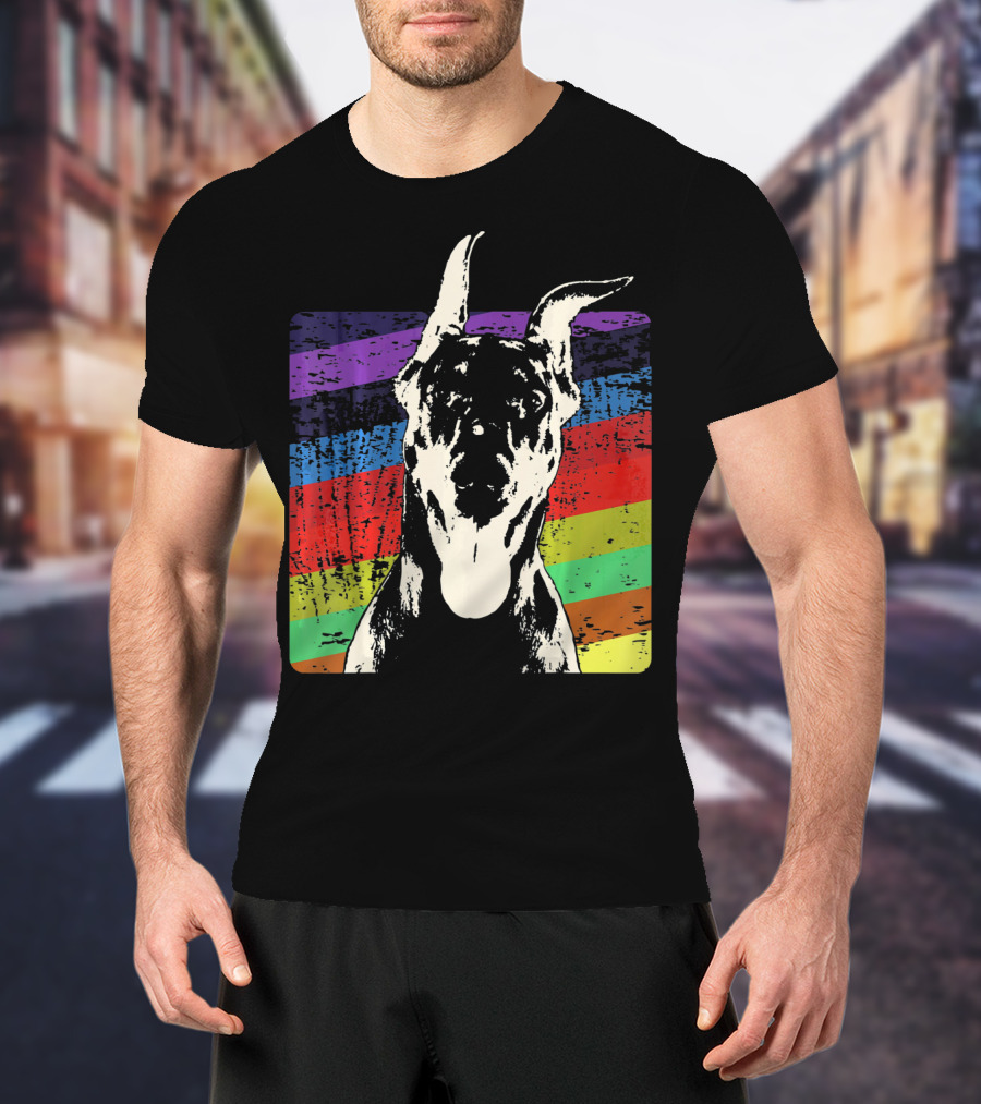 Classic Vintage Doberman Pinscher Rainbow Stripes Retro T-Shirt