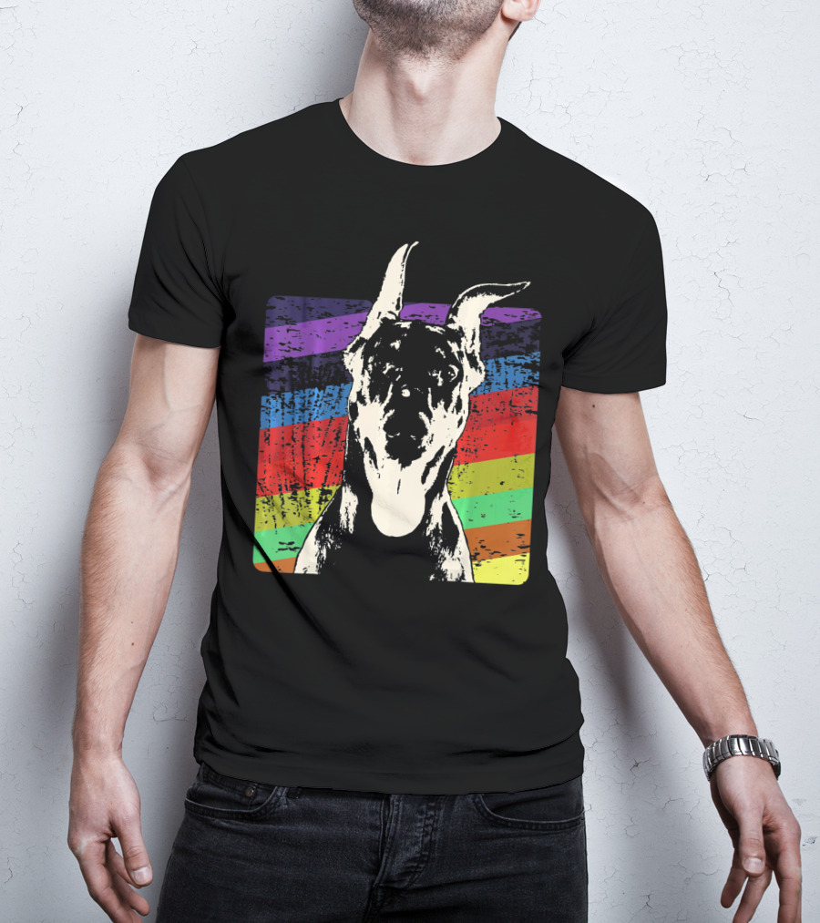 Classic Vintage Doberman Pinscher Rainbow Stripes Retro T-Shirt