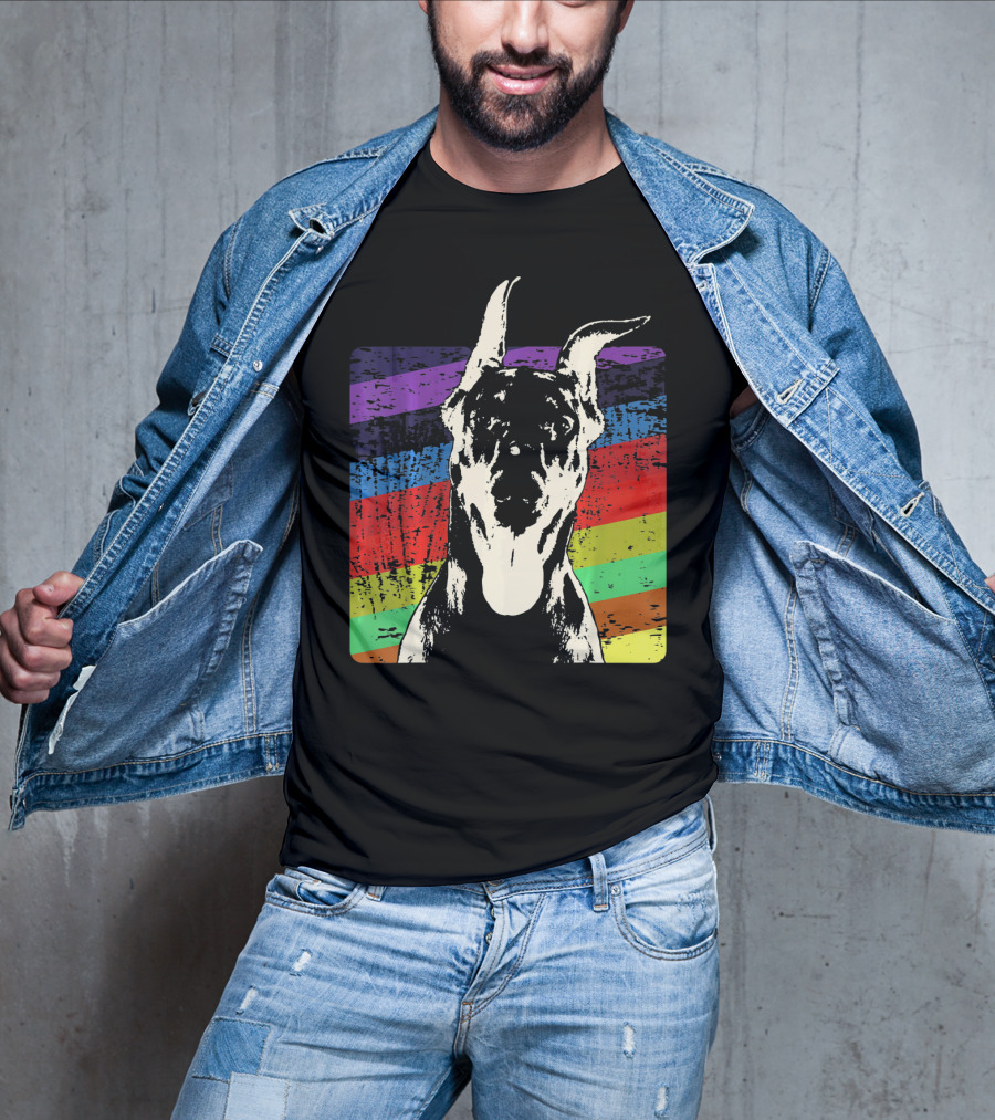 Classic Vintage Doberman Pinscher Rainbow Stripes Retro T-Shirt