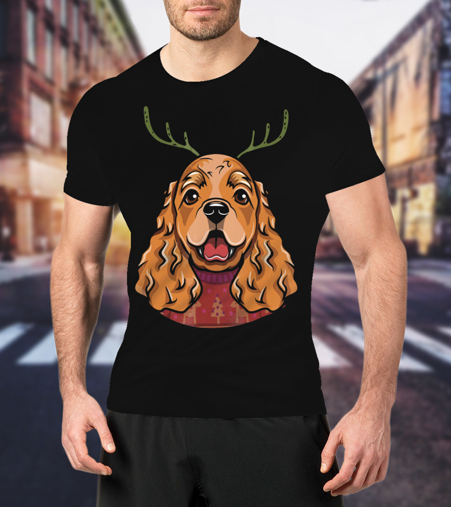 Cocker Spaniel Dog With Reindeer Antlers And Holiday T-Shirt