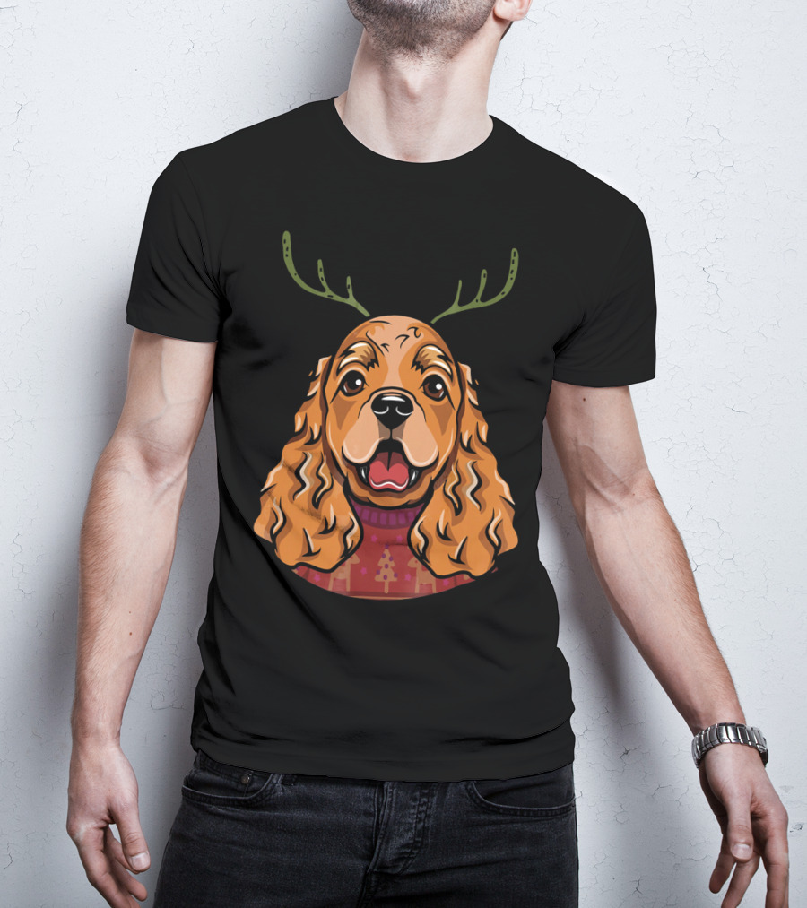 Cocker Spaniel Dog With Reindeer Antlers And Holiday T-Shirt