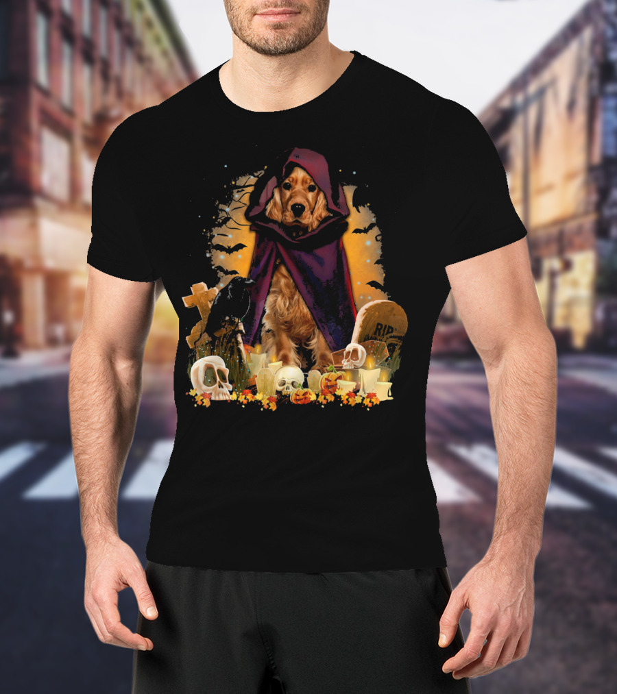Cocker Spaniel Halloween Hooded Dog With Skulls And Tombstones T-Shirt