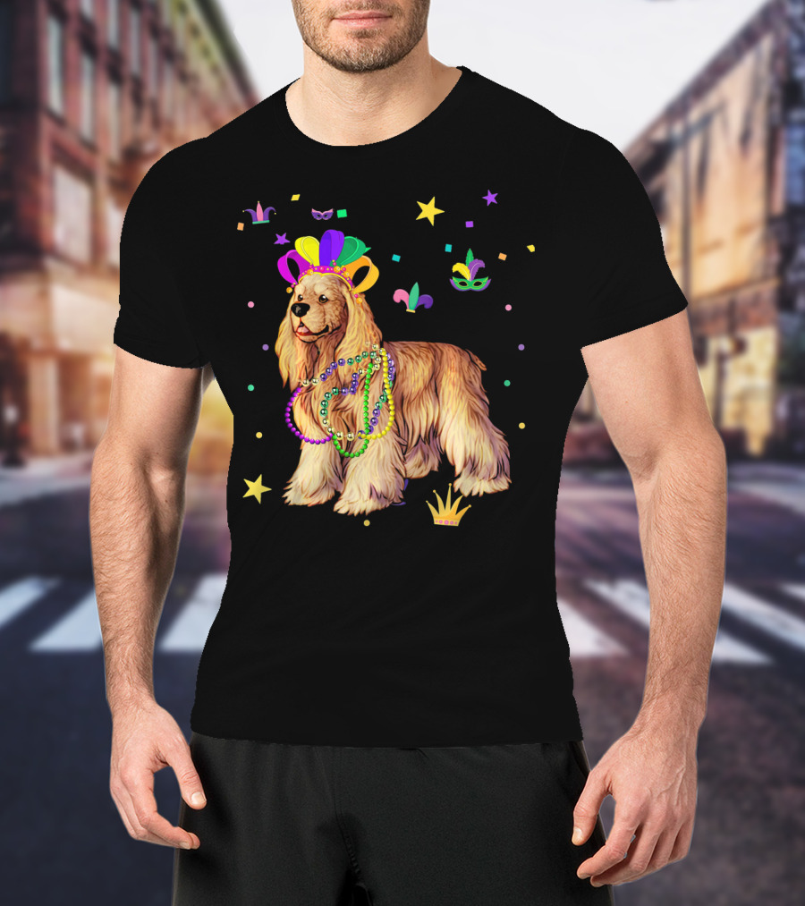 Cocker Spaniel Dog Mardi Gras Party Celebration Beads And Mask T-Shirt