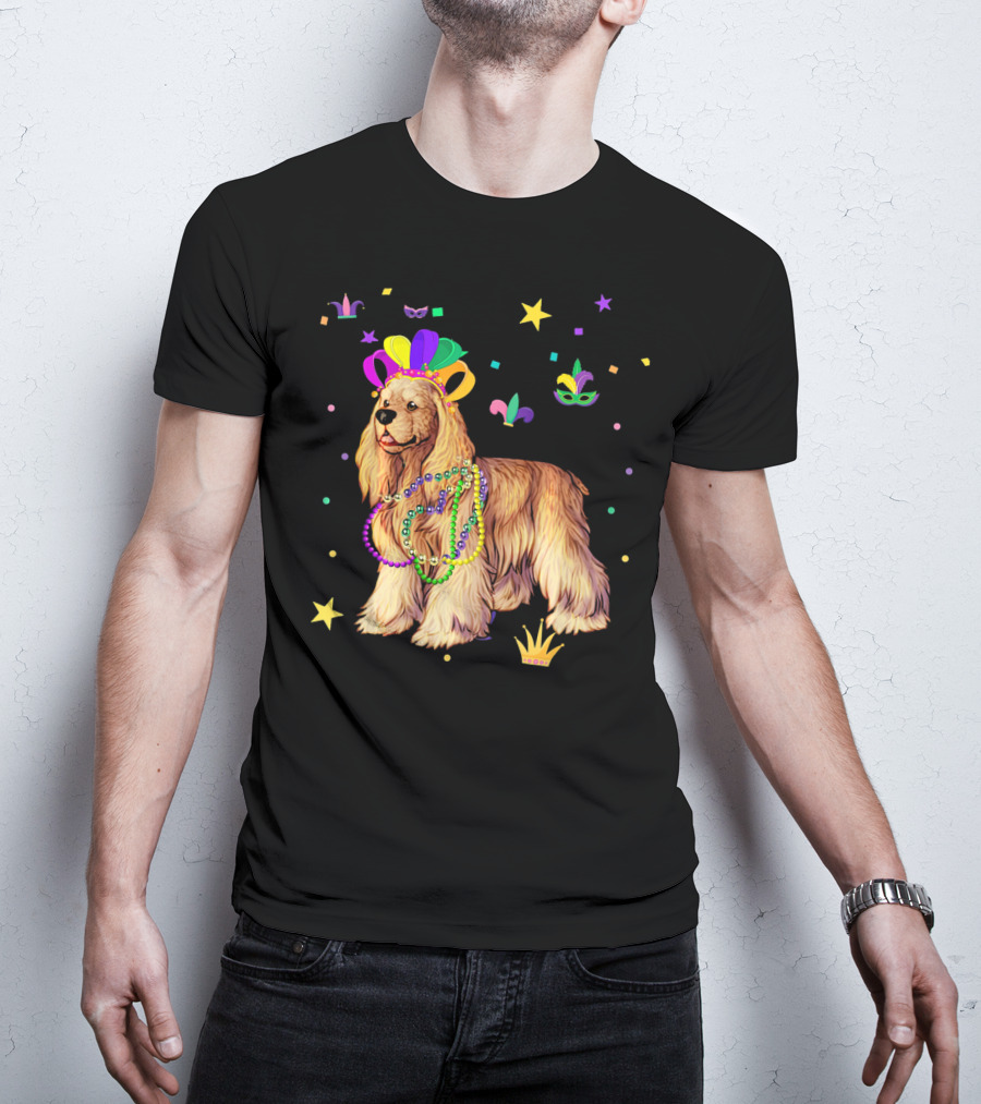 Cocker Spaniel Dog Mardi Gras Party Celebration Beads And Mask T-Shirt