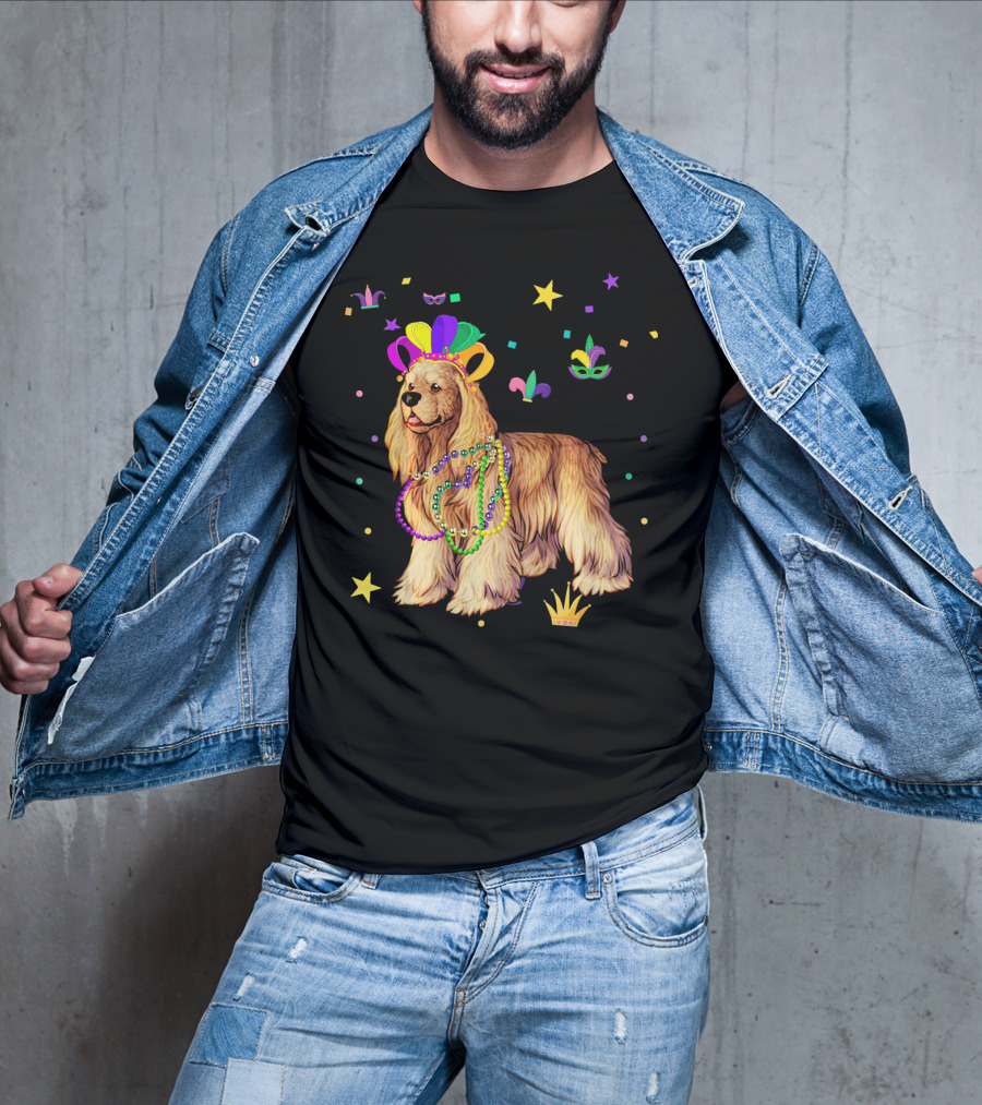 Cocker Spaniel Dog Mardi Gras Party Celebration Beads And Mask T-Shirt