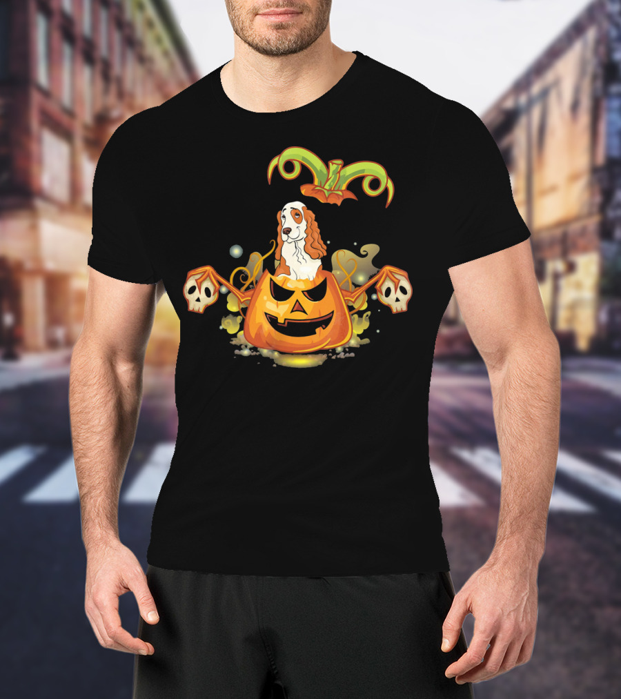 Cocker Spaniel Dog Halloween Pumpkin With Skulls T-Shirt