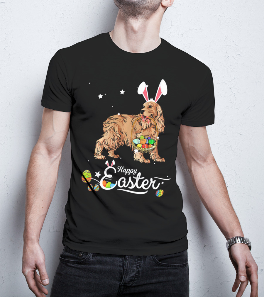 Cocker Spaniel With Bunny Hat Holding Easter Egg Basket Happy Easter T-Shirt