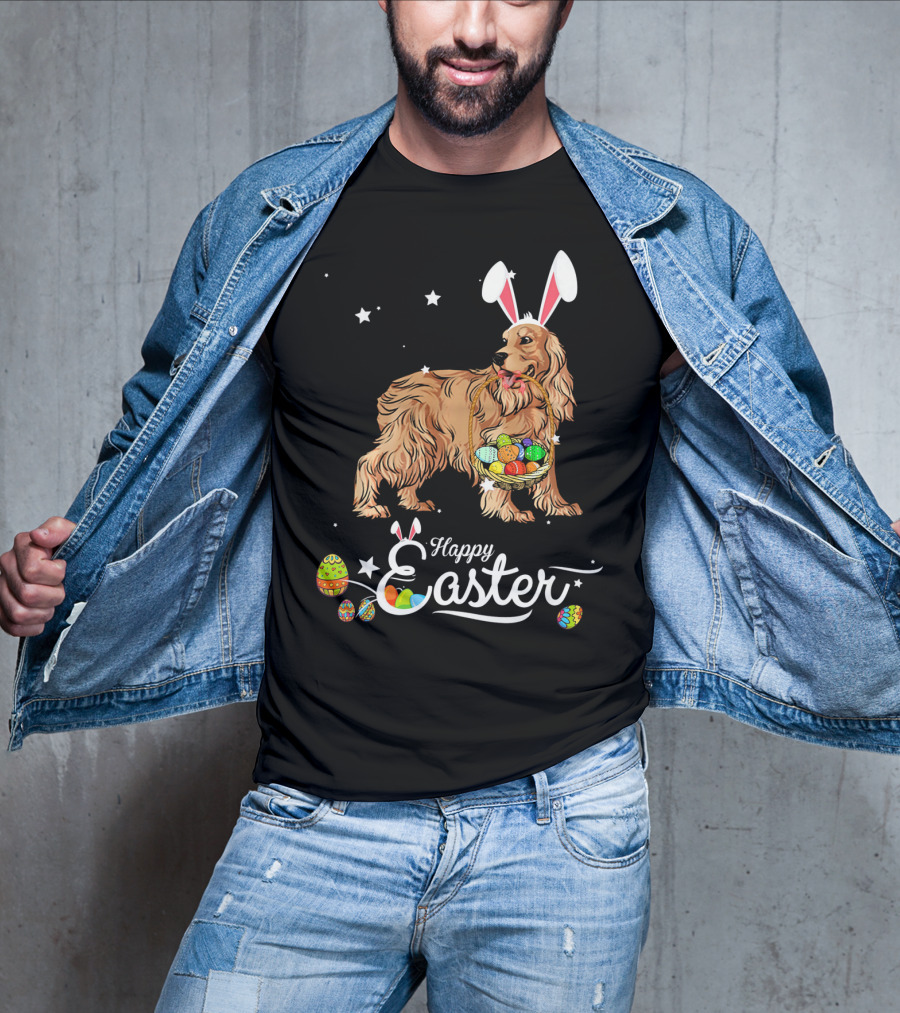 Cocker Spaniel With Bunny Hat Holding Easter Egg Basket Happy Easter T-Shirt