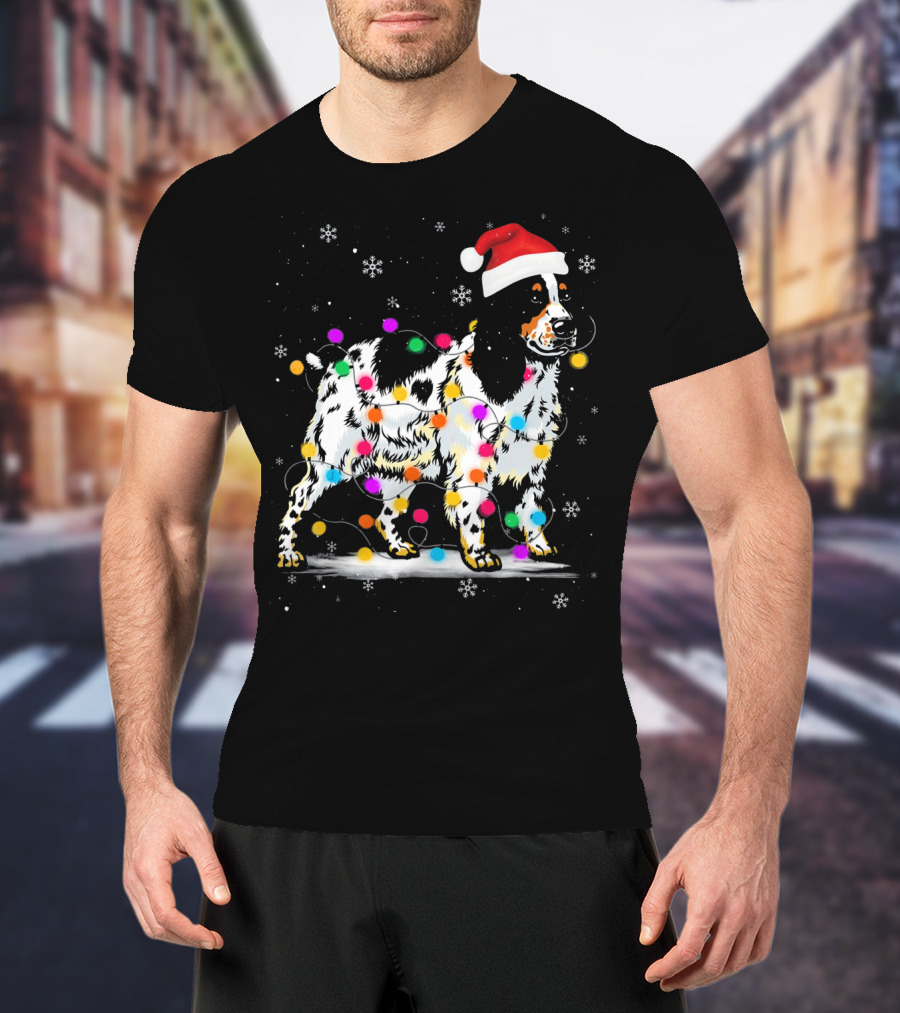 Cocker Spaniel Dog With Christmas Lights Santa Hat Snowflakes T-Shirt