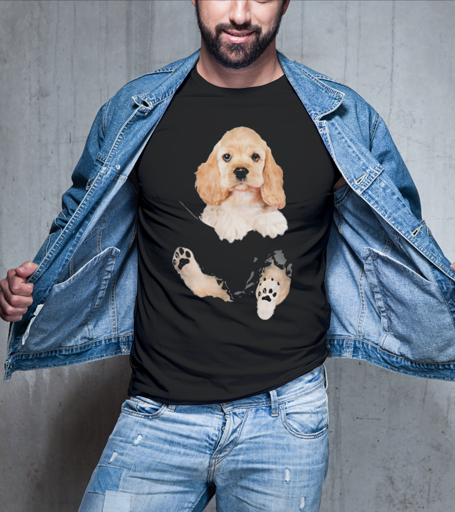 Cocker Spaniel Puppy With Paws Peeking From Pocket T-Shirt