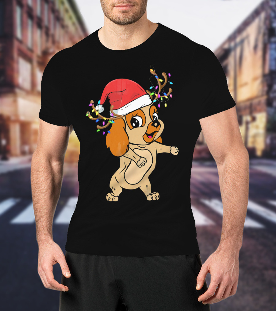 Cocker Spaniel Reindeer Christmas Funny Dog With Santa Hat And Festive Antlers T-Shirt