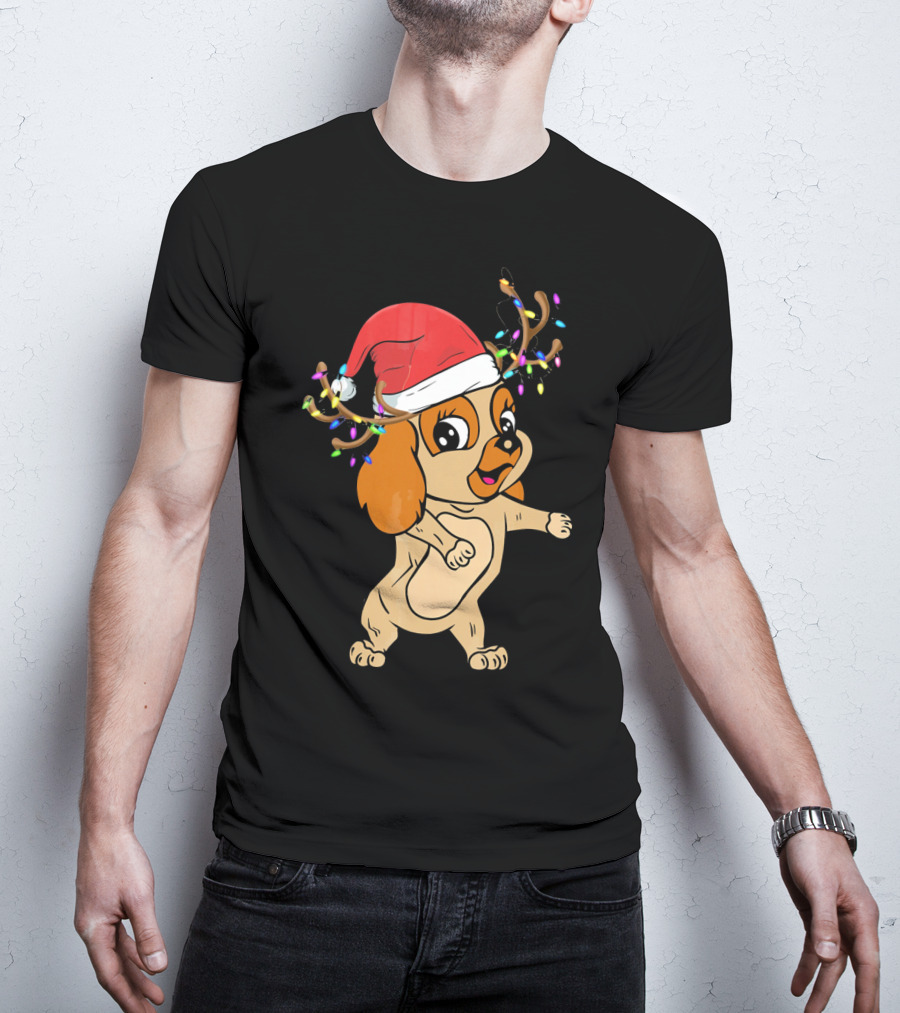 Cocker Spaniel Reindeer Christmas Funny Dog With Santa Hat And Festive Antlers T-Shirt