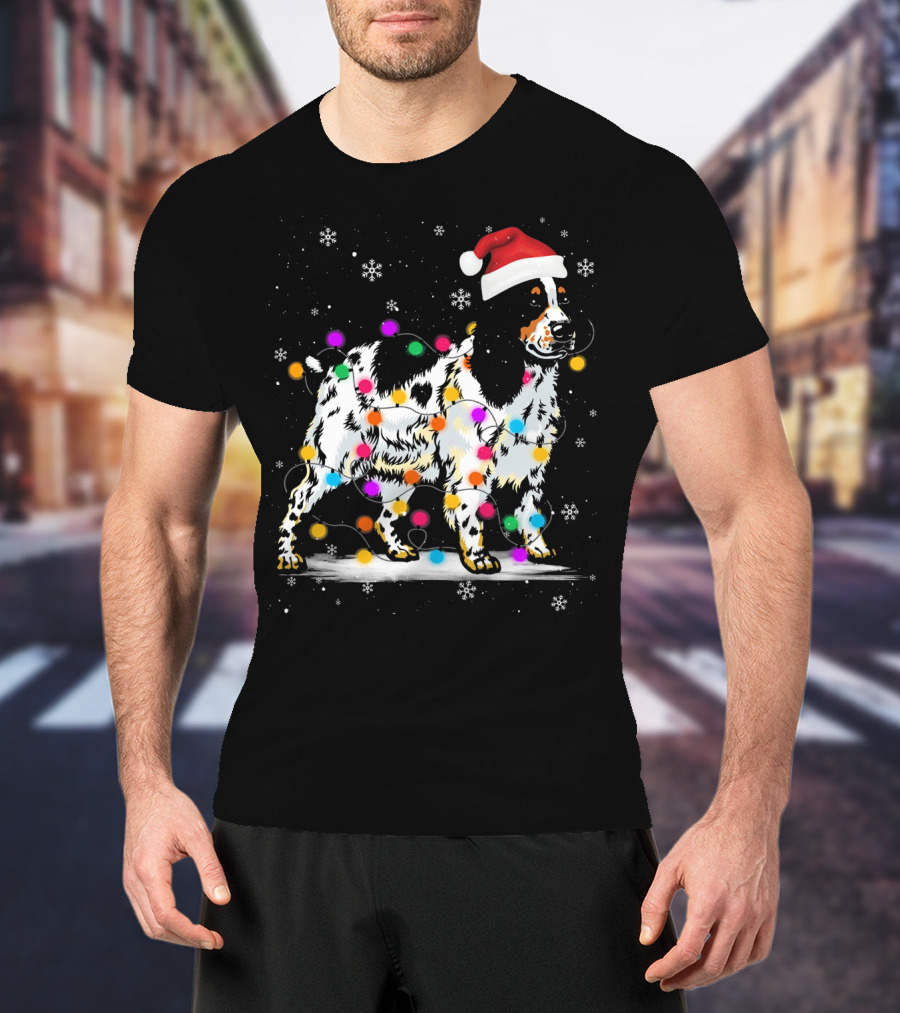 Cocker Spaniel Santa Hat Christmas Lights Snowflakes T-Shirt