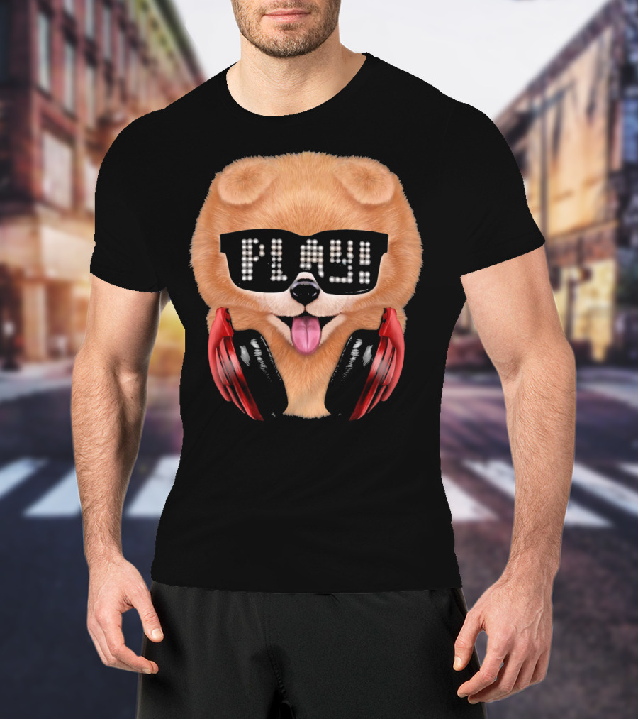 Cream Pomeranian Dog DJ In Sunglass With Play Headphones T-Shirt