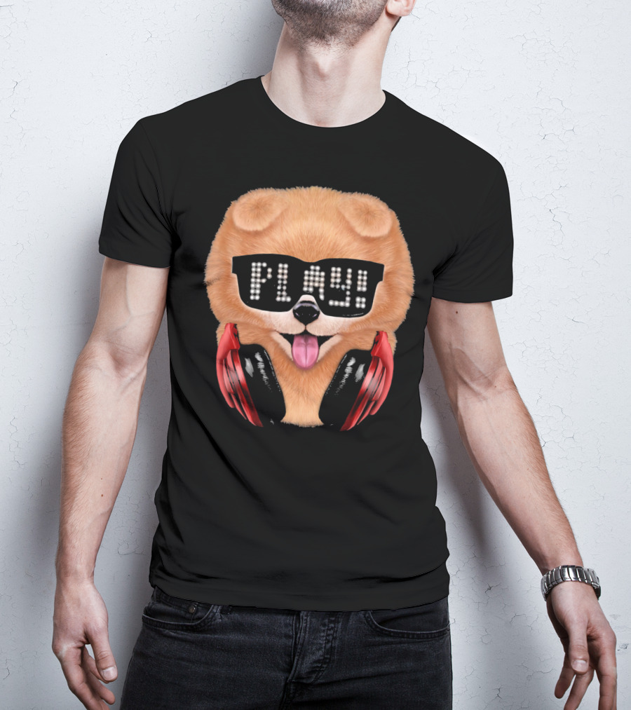 Cream Pomeranian Dog DJ In Sunglass With Play Headphones T-Shirt