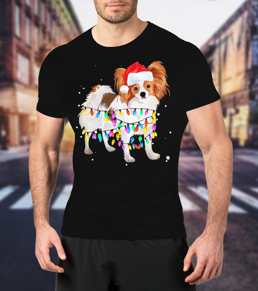 Papillon Dog Wrapped In Christmas Lights Wearing Santa Hat T-Shirt