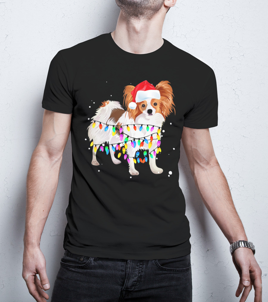 Papillon Dog Wrapped In Christmas Lights Wearing Santa Hat T-Shirt