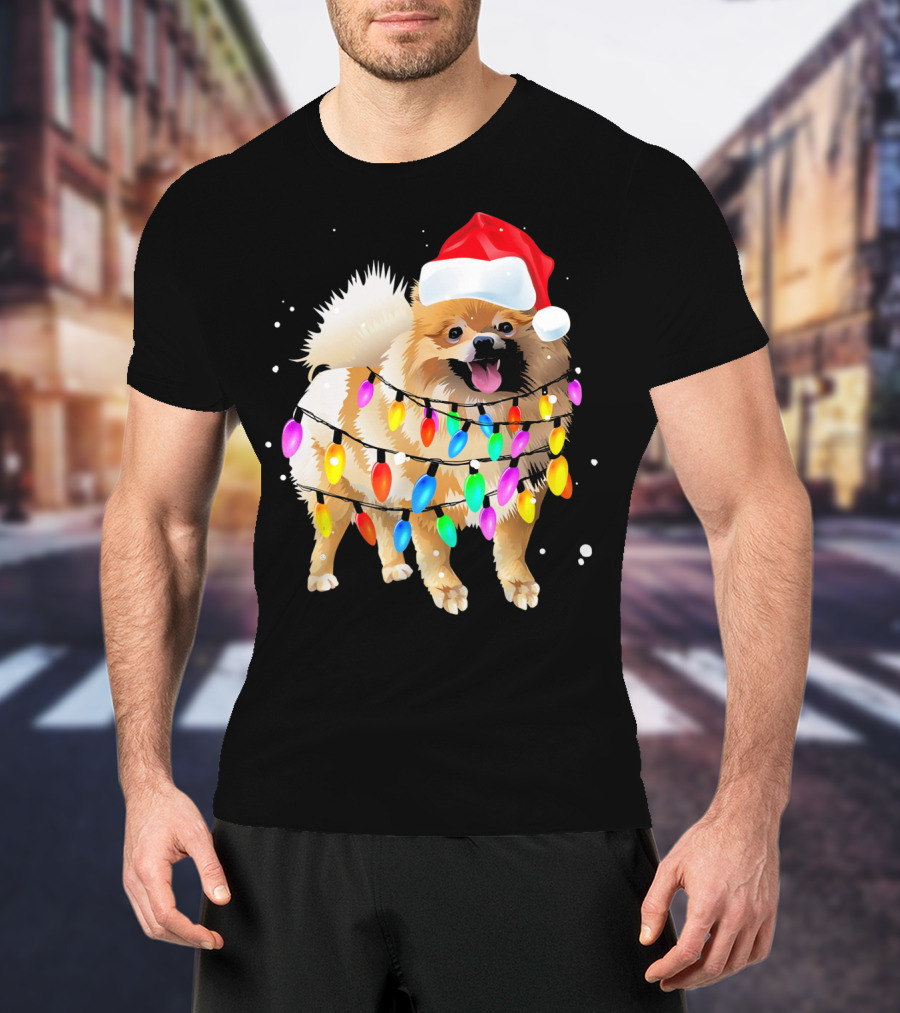 Pomeranian With Santa Hat And Colorful Christmas Lights T-Shirt